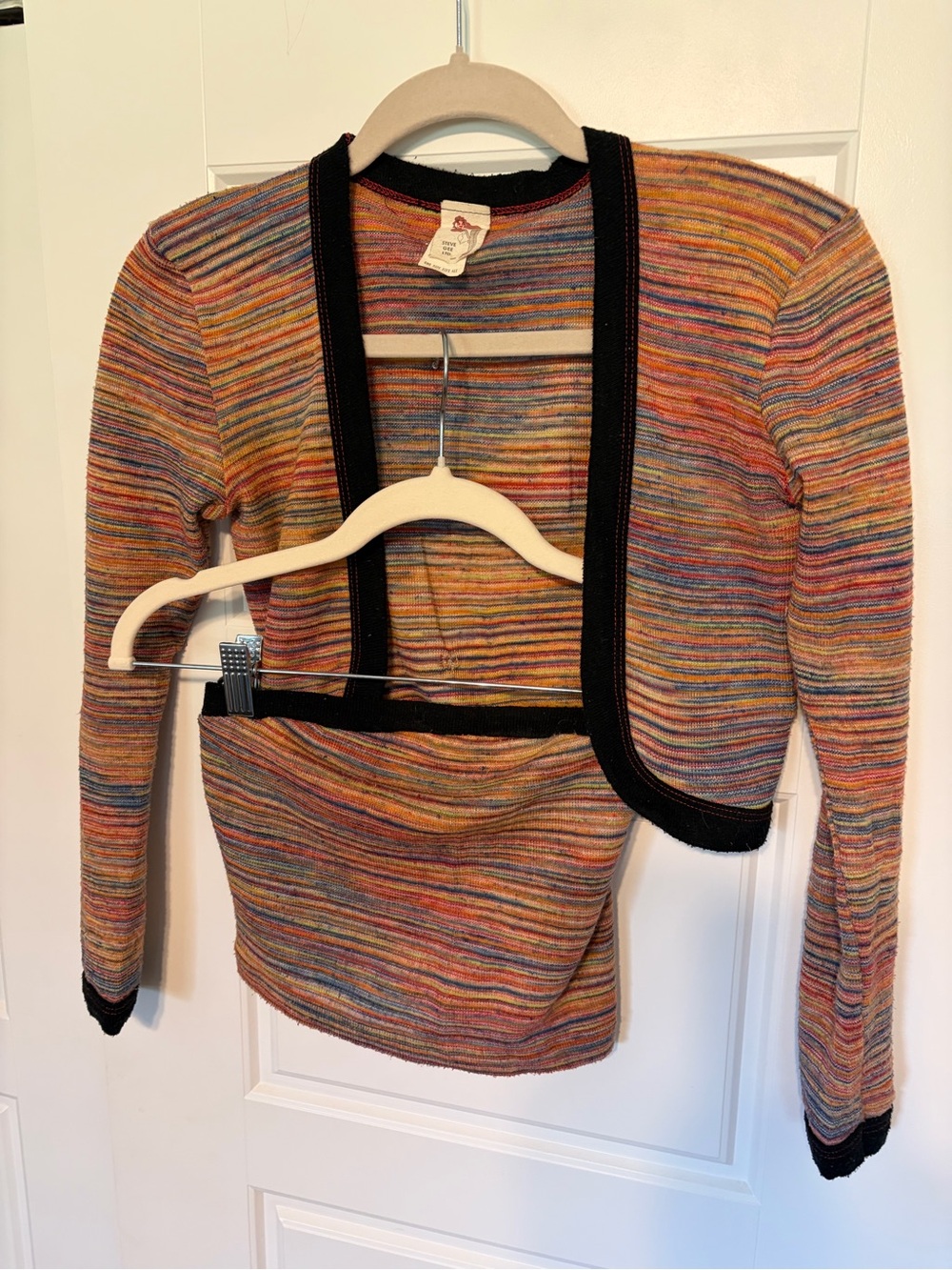 Vintage 70’s Striped Cropped Sweater Cardigan Set with Black Trim - Size XS